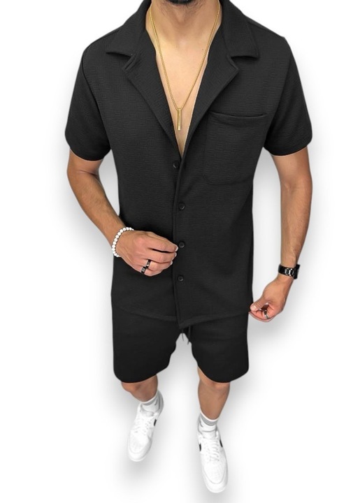 Costum de vara, pentru barbati, pantaloni plus camasa, negru, KD1120, L INTL