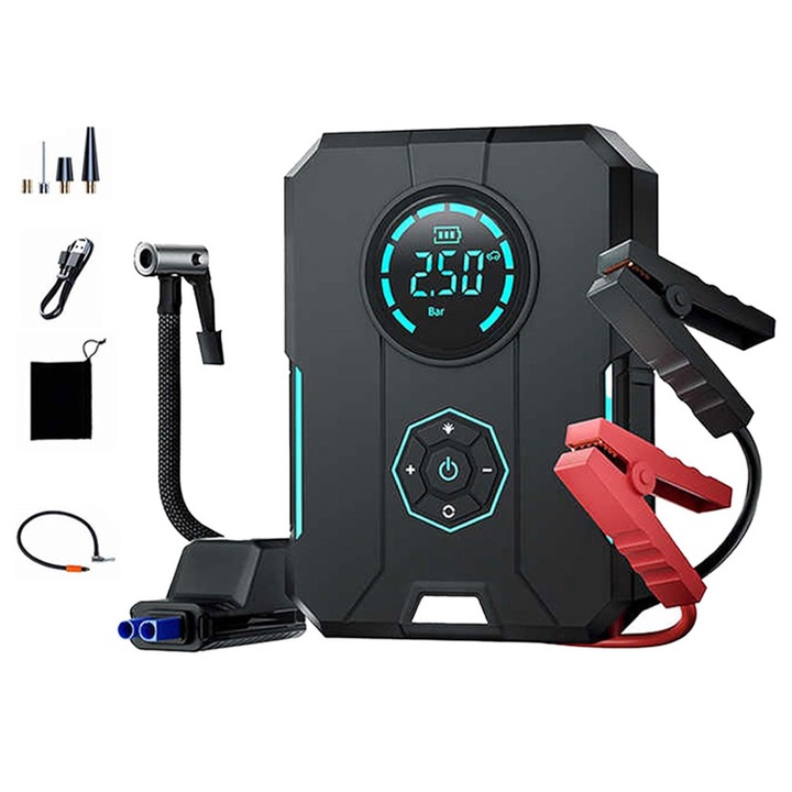 Стартер за кола Rqiurpn, Многофункционален, максимален ток 1200A, капацитет 8000 mAh, LED, фенерче, USB външна батерия, смарт клещи и калъф за носене, Многоцветен