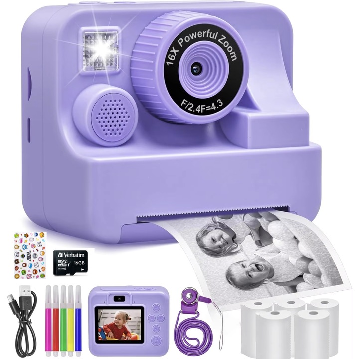 Aparat Foto Copii, Functie de imprimare instant, 5 role, Stickere, Ecran color de 2,4 inch, Jocuri educative, Player muzical, Functie de selfie, Rezolutie video 1080P, Blitz, 16GB Card SD inclus