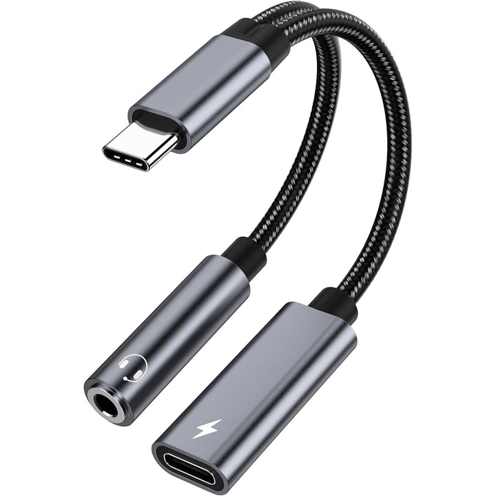 OTTOOPPXIN® 2-в-1 USB-C към 3.5 мм жак адаптер, PD 60W, сив, за бързо зареждане и HiFi аудио
