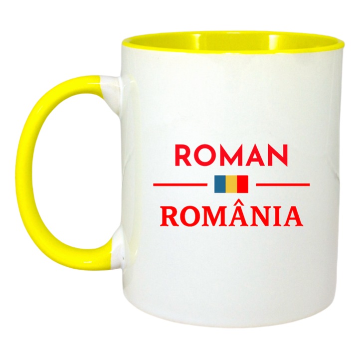 Cana Romania Oras ROMAN, Ceramica, Cri-flo, Culoare Maner si interior Galben