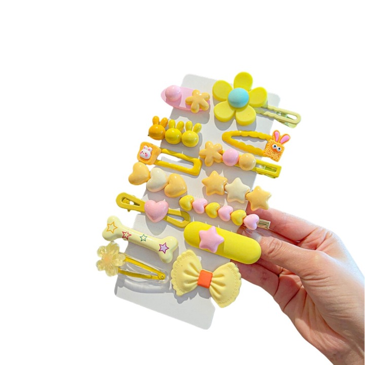 Комплект от 14, детски фиби за коса, щипки с различен дизайн, фиби за коса с форма на цвете за момичета, странични щипки за коса, силиконови, многоцветни, жълти