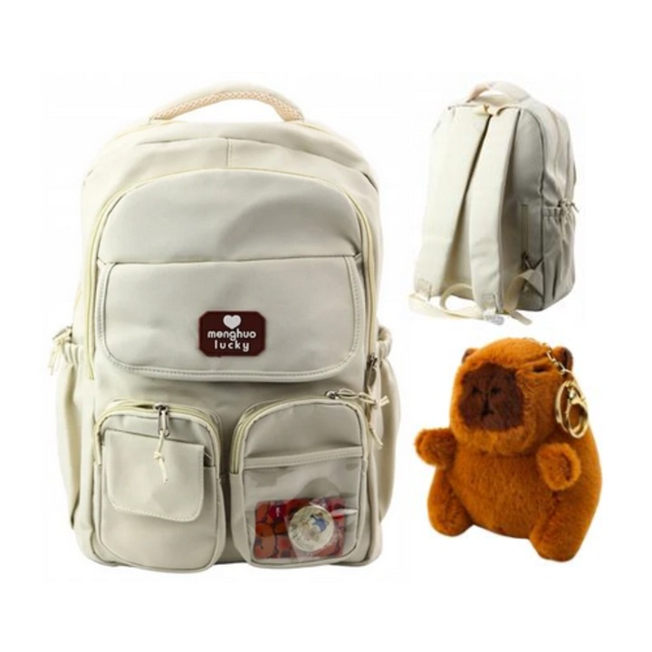 BEMI iskolai hátizsák, 25L, krém, 42x30x20cm, plüss kulcstartóval