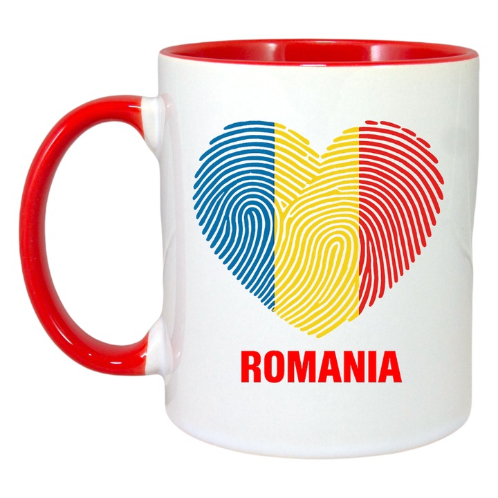 Cana Romania inima amprenta tricolor, Ceramica, Cri-flo, Culoare Maner si interior Rosu