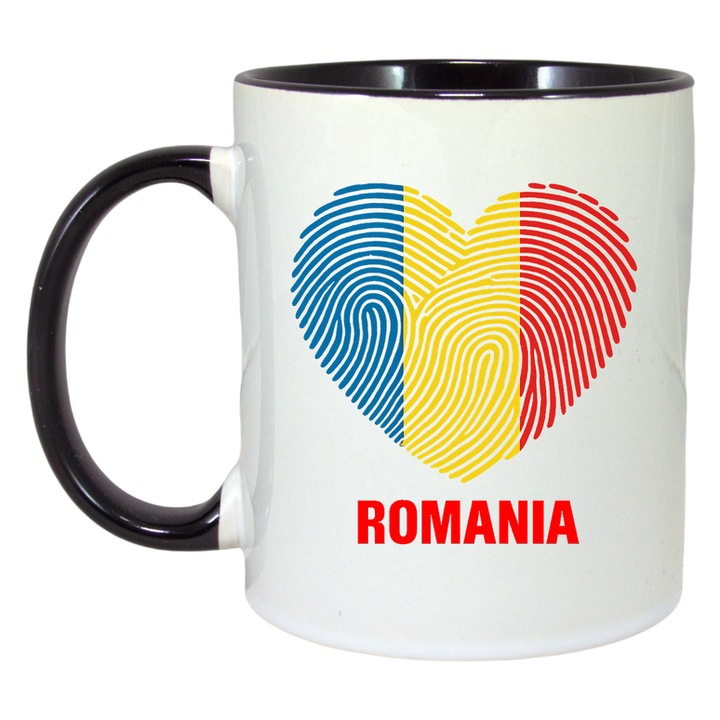 Cana Romania inima amprenta tricolor, Ceramica, Cri-flo, Culoare Maner si interior Negru