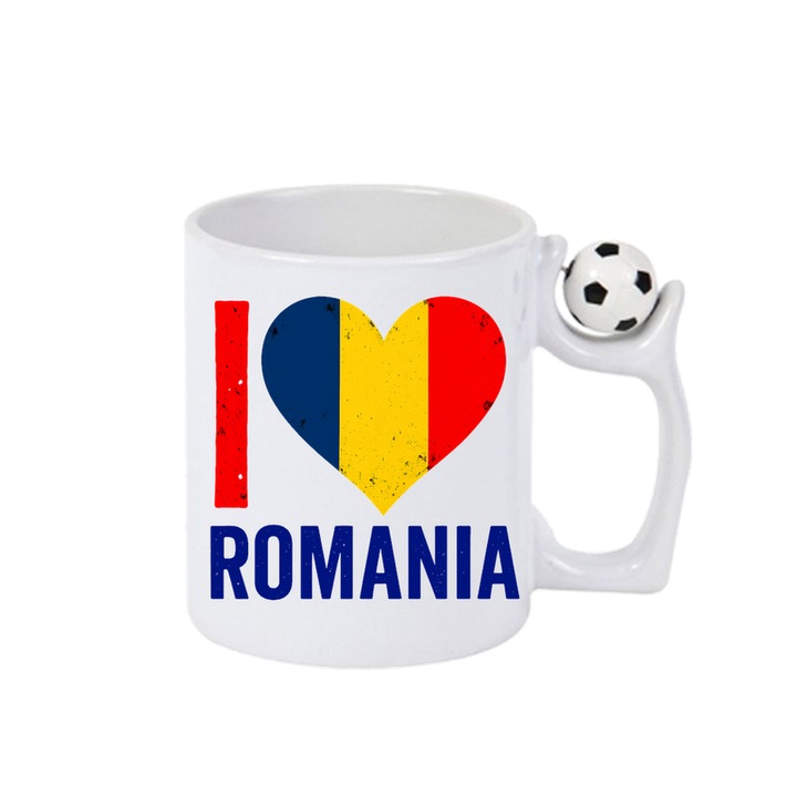 Cana Romania I Love Romania, Ceramica, Cri-flo, Minge rotativa antistres, Culoare Maner si interior Alb-Negru
