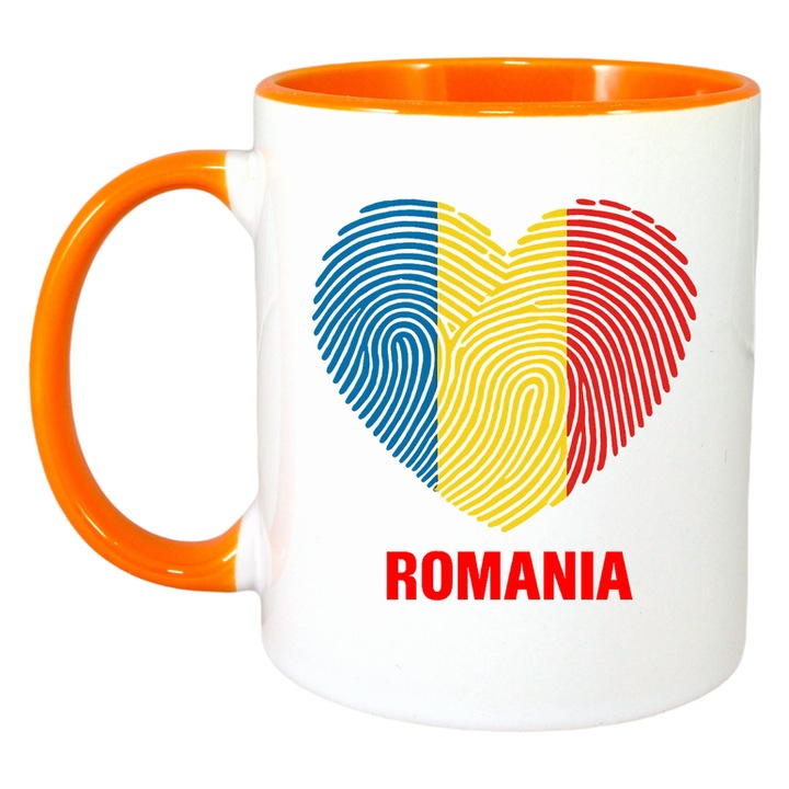 Cana Romania inima amprenta tricolor, Ceramica, Cri-flo, Culoare Maner si interior Portocaliu