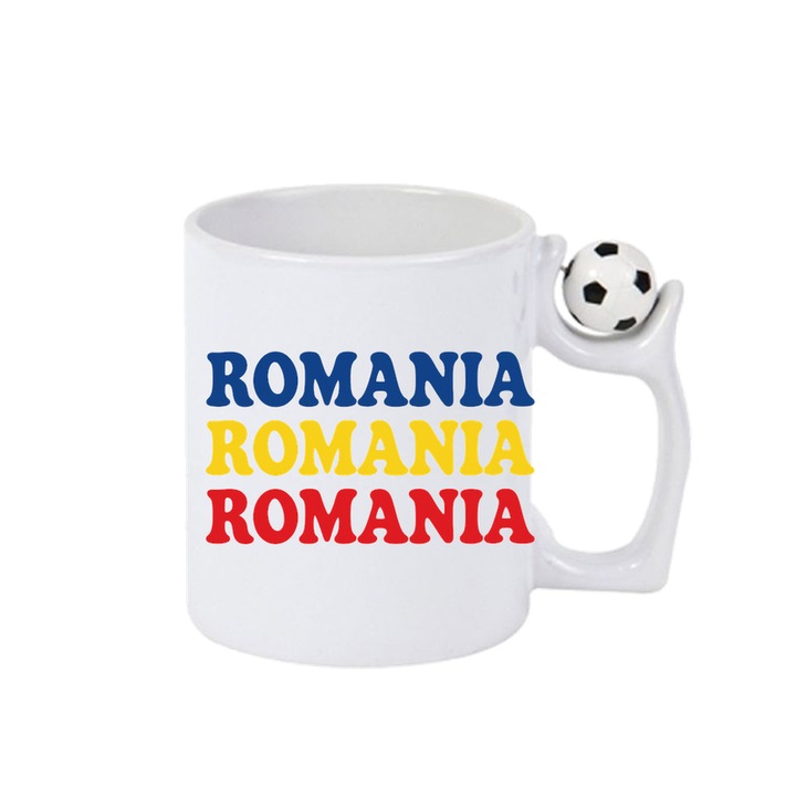 Cana Romania text tricolor, Ceramica, Cri-flo, Minge rotativa antistres, Culoare Maner si interior Alb-Negru
