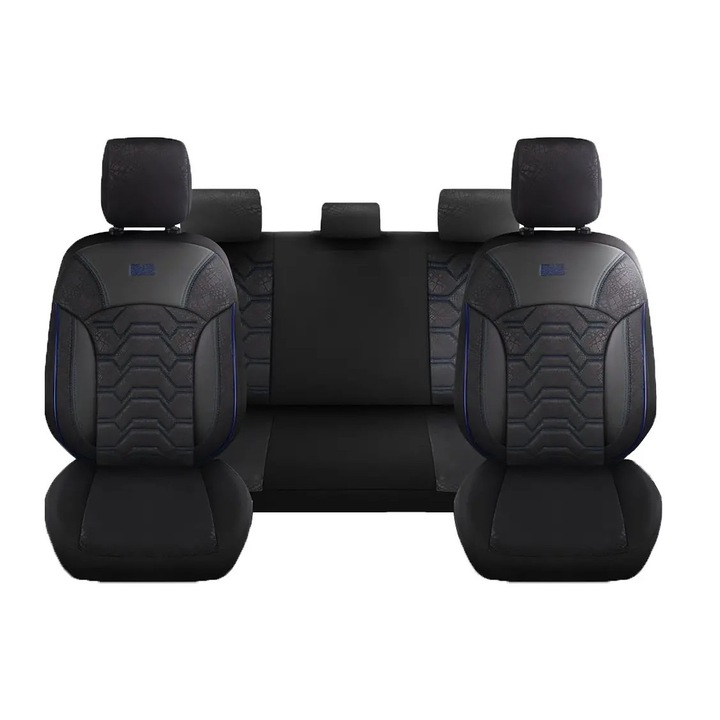 Set huse scaune auto,,11 piese, compatibile cu airbag, rabatabile, material textil si piele ecologica, negru albastru