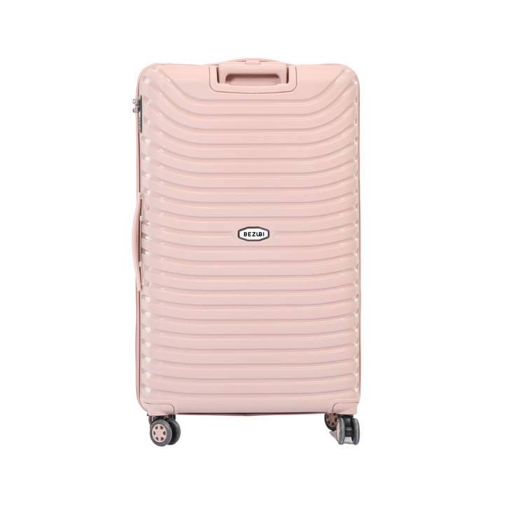 Голяма количка Bezubi Easy Travel, за регистриран багаж, 84x50x38, обем 140 литра, телескопична дръжка, 4 безшумни двойни колела, въртене на 360 градуса, цип и комбинирано закопчаване, отделение с джоб, специален гъвкав нечуплив PP материал, розов