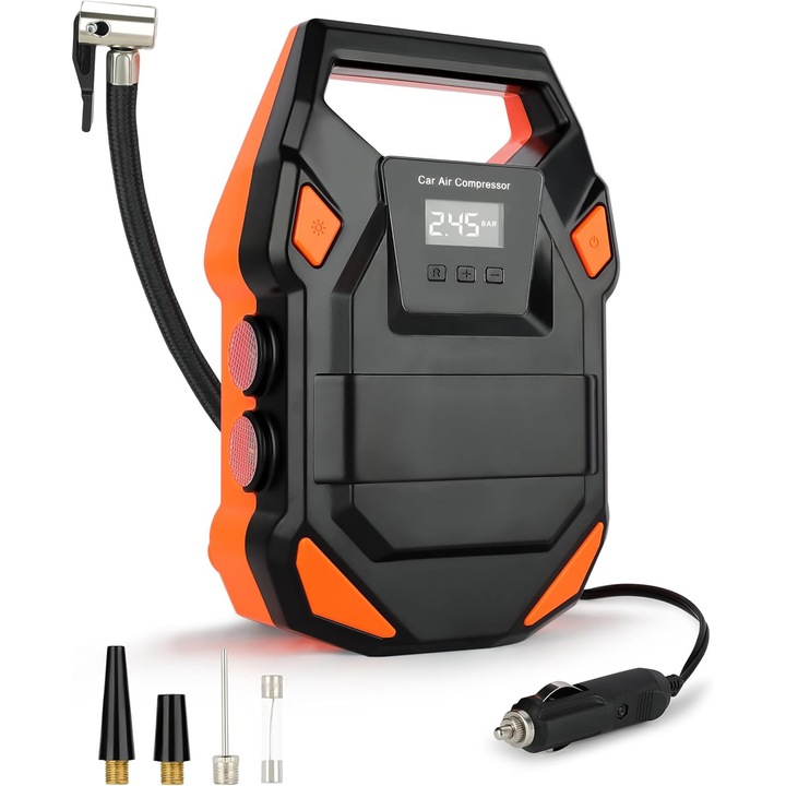 Compresor auto digital 3 in 1, Fudisenn®, Lumina LED, DC 12V, 120W, 35L/min, Cablu de alimentare 3.2m, Oprire automata, Potrivit pentru masini/colacuri de inot/biciclete/motociclete/jucarii gonflabile, Negru/culoare portocalie