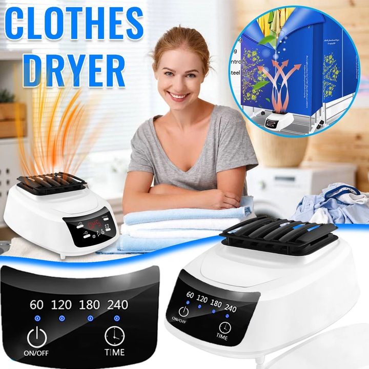Uscator de haine portabil YANYXR BCS3070429, incalzire prin convectie, panou tactil, temporizator 60–240 min (4 trepte), 1500–1800W, 110V, alb/negru, 22.5x29x16.5 cm