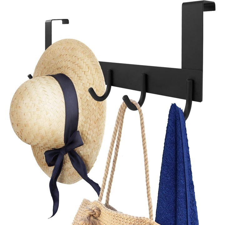 Cuier metalic negru cu 6 carlige, 40cm lungime, cu agatare pe cadrul usii, fara gaurire