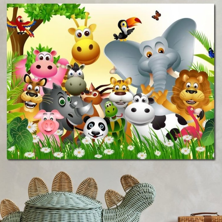 Tablou Canvas Premium, LuxCanva® K1022, Prietenii Veseli din Jungla, 45 X 60 CM, Panza Bumbac 100% 400g/m2, Sasiu Lemn, Animale, Desene Animate, Jungla, Colorat, Veselie, Gradinita, Educativ, Natura, Cresa, Girafa, Leu, Camera Copii