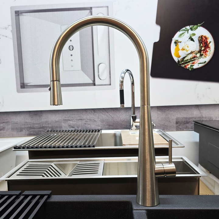 CookingAid NEWMIX 90 ACÉL keverőgép szálcsiszolt felülettel és kihúzható zuhanycsővel + jet / zuhanygombbal