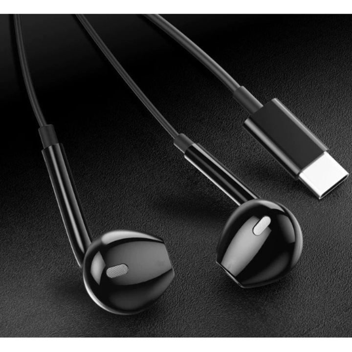 Casti In-Ear cu Microfon si Control Integrat, Conector Type-C, Negru, 1.3m – Sunet Hi-Fi, Compatibile Android & Huawei