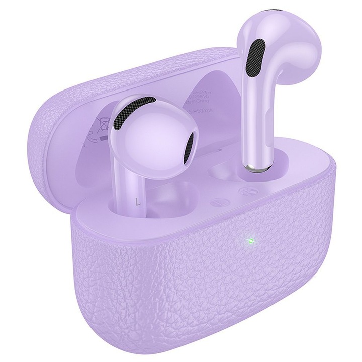 Casti Wireless Hoco TWS EQ15, Bluetooth 5.4, Leather Pattern, Usoare, Mov