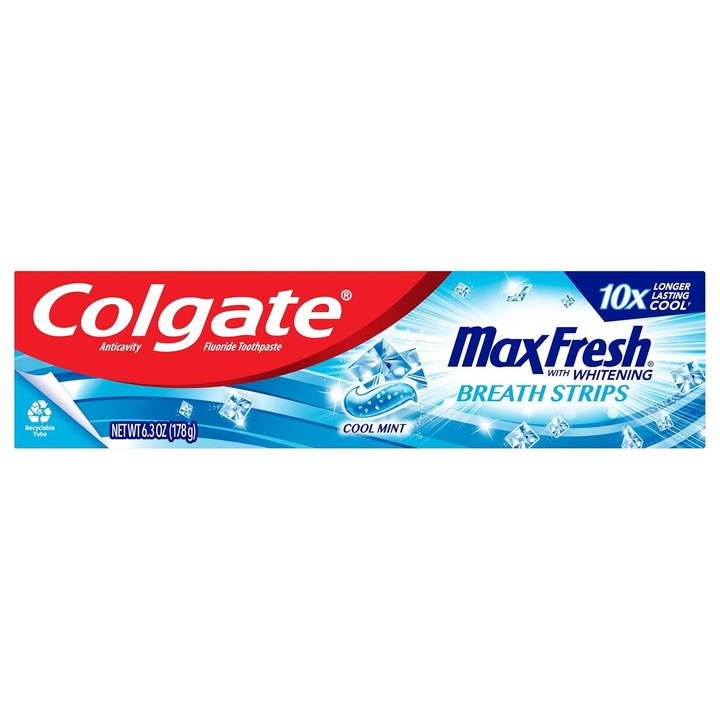 Паста за зъби, Colgate, Max Fresh, Whitening Breath Strips, Избелващ ефект на зъбите, с флуор, Аромат мента, 178гр