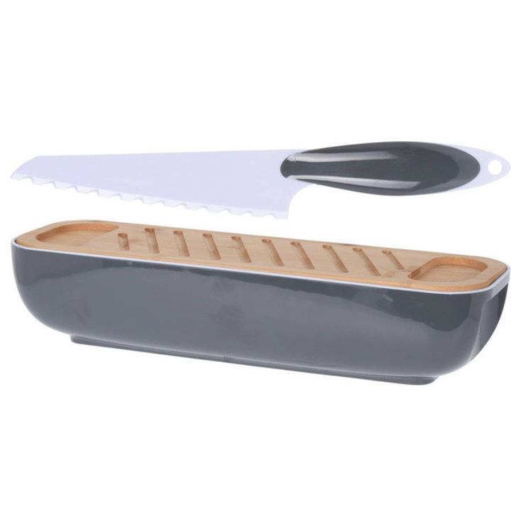 Cos de pâine cu capac din bambus, EH Excellent Houseware, gri închis, 12x40cm, cuțit inclus