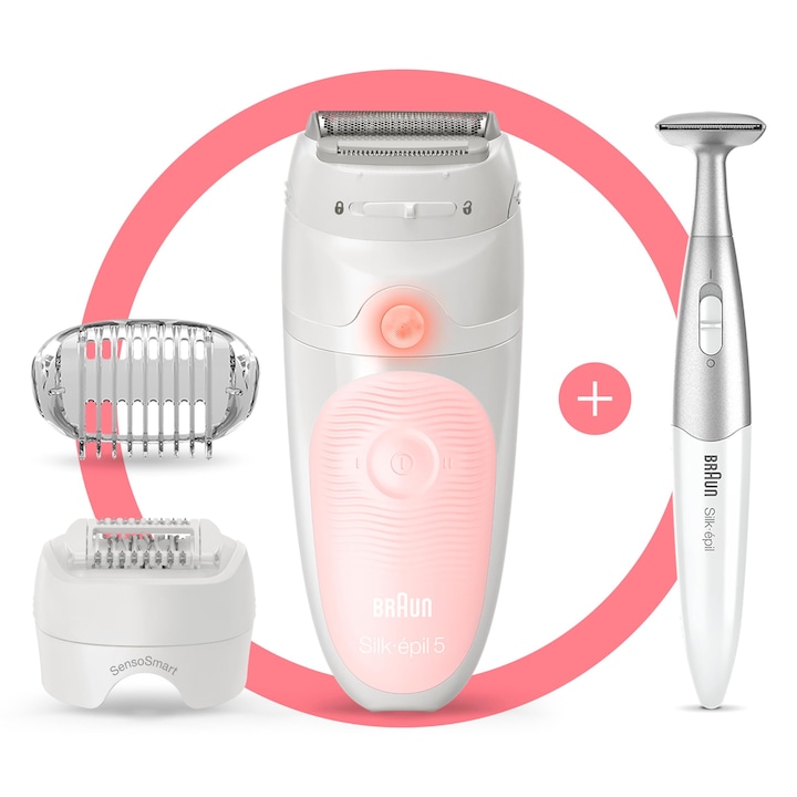 Епилатор Braun Silk-epil 5, бял/розов, за интимна кожа, с тример за бикини зона, въртяща се глава