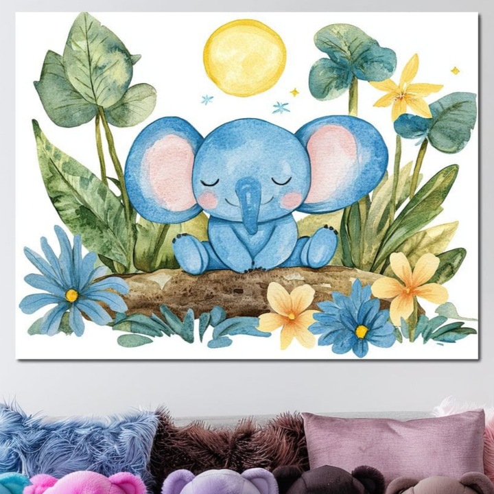 Премиум картина върху платно, LuxCanva® K1024, Спящ слон, 100 X 135 CM, 100% памучно платно 400g/m2, дървена рамка, Сън, Мечта, Пиле, Градина, Омагьосано, Мир, Слънце, Бебе, Детска стая, Детска градина, Синьо, Сафари, Джунгла, Детска стая