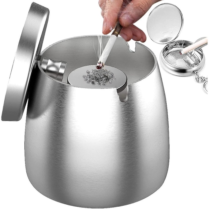 Scrumiera din otel inoxidabil cu capac, rezistenta la vant si ploaie, design elegant, argintie, pentru interior si exterior