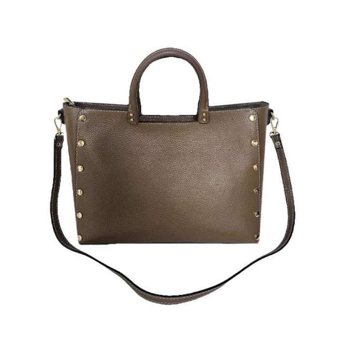 Geanta business, piele naturala, Prime Brief, cu detalii metalice aurii, Bej, Velve