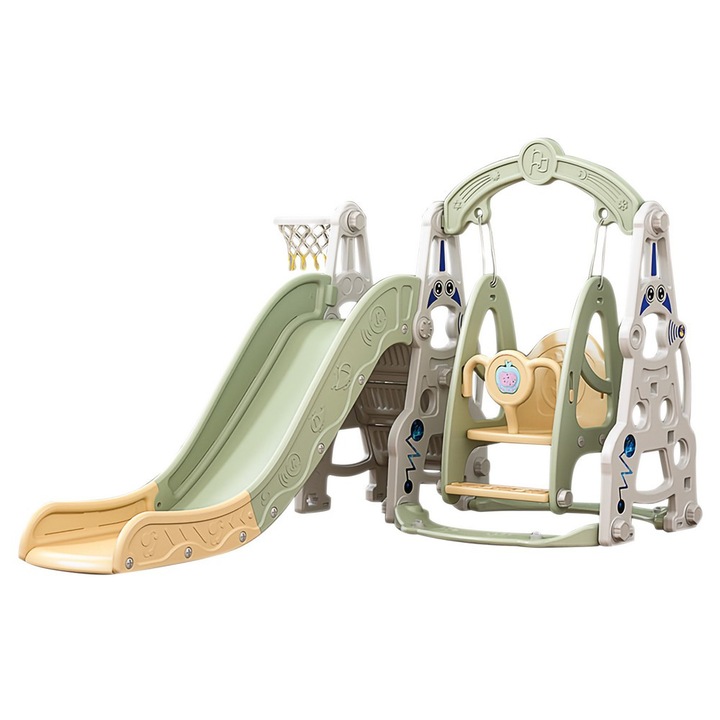 NOVOKIDS™ Wonder Space Slide Детска пързалка 3 в 1, с люлка, за вътрешна и външна употреба, наклон на пързаляне 187 сантиметра, максимално тегло 25 кг, включен баскетболен кош, многоцветна