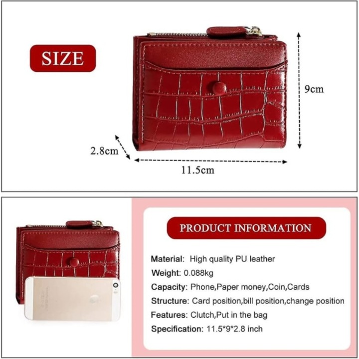 Portofel mic dama, piele PU, 1 compartiment pentru bancnote, 1 buzunar cu fermoar, 6 sloturi pentru carduri, 11.5x9x2.8cm