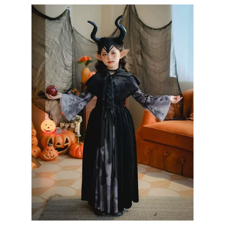 Costum de Halloween pentru fete, rochie lunga neagra, capa, diadema cu coarne, 120 cm