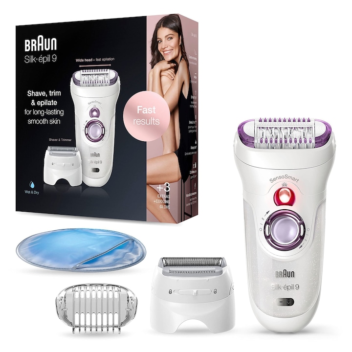 Епилатор Braun Silk-epil 9, бял/лилав, включена самобръсначка, тример глава, 9-710