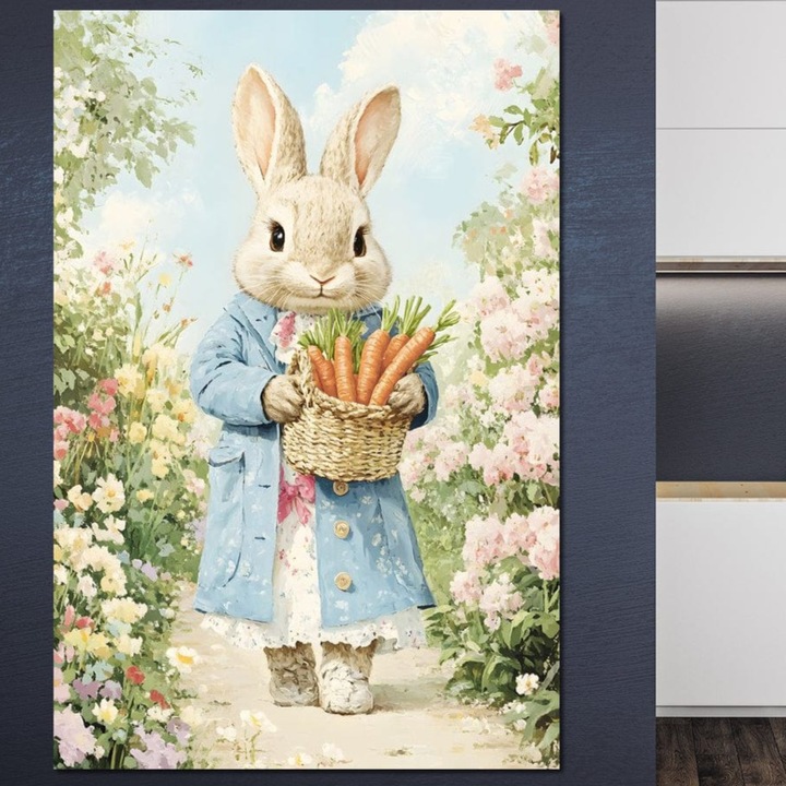 Премиум картина върху платно, LuxCanva® K1029, Омагьосано зайче, 100 X 150 СМ, 100% памучно платно 400 г/м2, дървена рамка, градина, цветя, кошница, моркови, пролет, гора, винтидж, флорални мотиви, детска градина, детска площадка, детство, детска стая