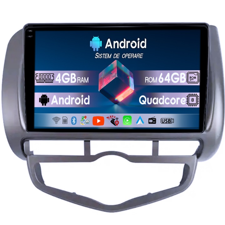 Dedikált navigáció Honda Jazz/City 2006-hoz, 4 GB RAM/64 GB ROM, aktív hűtőventilátor, 1K Q-Led kijelző, 9 hüvelykes, tolatókamera és külső mikrofon