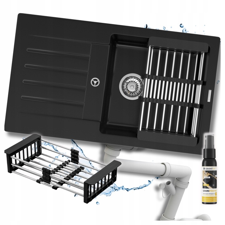 Set Chiuveta De Granit Cu Un Singur Bazin TRIx + Sifon Manual + Suport Telescopic Reglabil + Impregnare Graniprotect 30 Ml, Granitan, Rezistent La Zgarieturi Si Caldura, 765 x 445 mm, Negru Mat