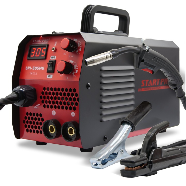 Aparat de sudura Start Pro SPI-305MG, MMA/MIG /MAG (Fara gas), 20-305 A, Electrozi 1.6 - 5.0 mm, 230V, Display digital, IP21S, 6.2 kg