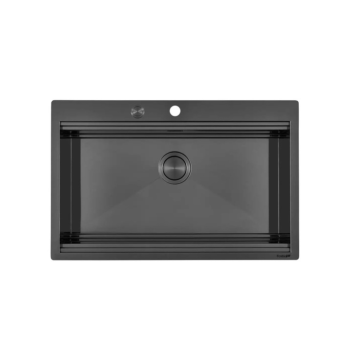 Chiuveta de bucatarie premium Foster, Milanello, 80 x 52 cm, finisaj PVD, montare pe blat/la nivelul blatului, sistem 3 nivele, 2 orificii standard pentru baterie, material otel inoxidabil, cuva in forma de diamant, antracit