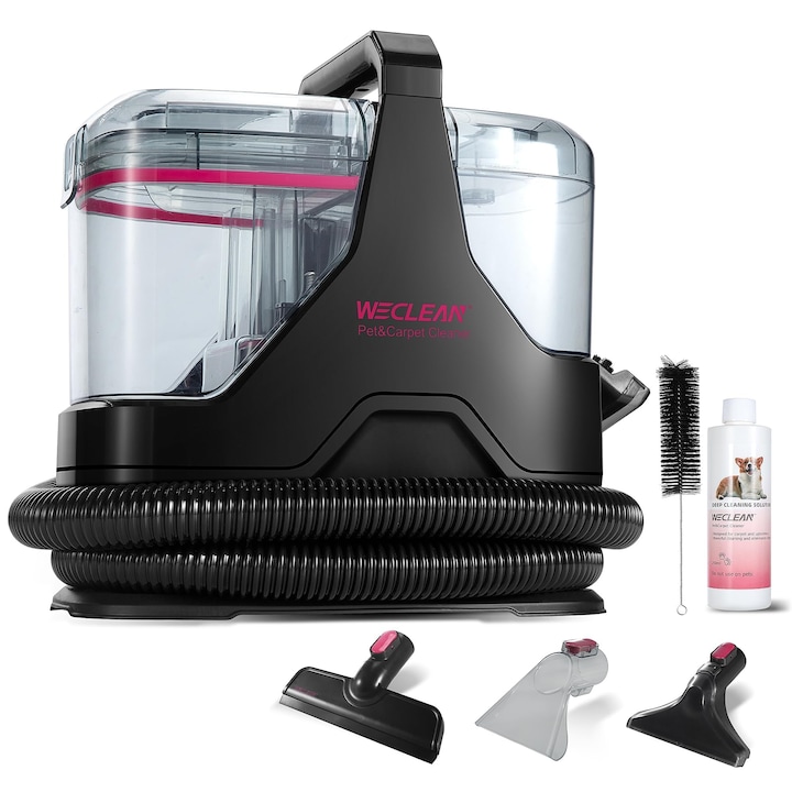 Прахосмукачка за мокро почистване Weclean C3, устройство за почистване на тапицерия, препарат за почистване на петна от килими, дивани, стълби, прозорци, огледала, тапицирана мебел, автомобили, 600 вата, 15 Kpa, черно/розово