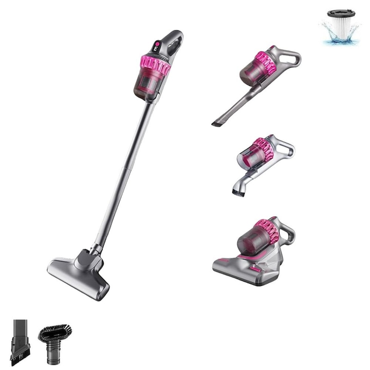 Függőleges és hordozható atka elleni porszívó, Multifunkciós, 10000 Pa, 4 az 1-ben, UV-C és HEPA szűrővel, Rózsaszín/Szürke, Nextfarma®