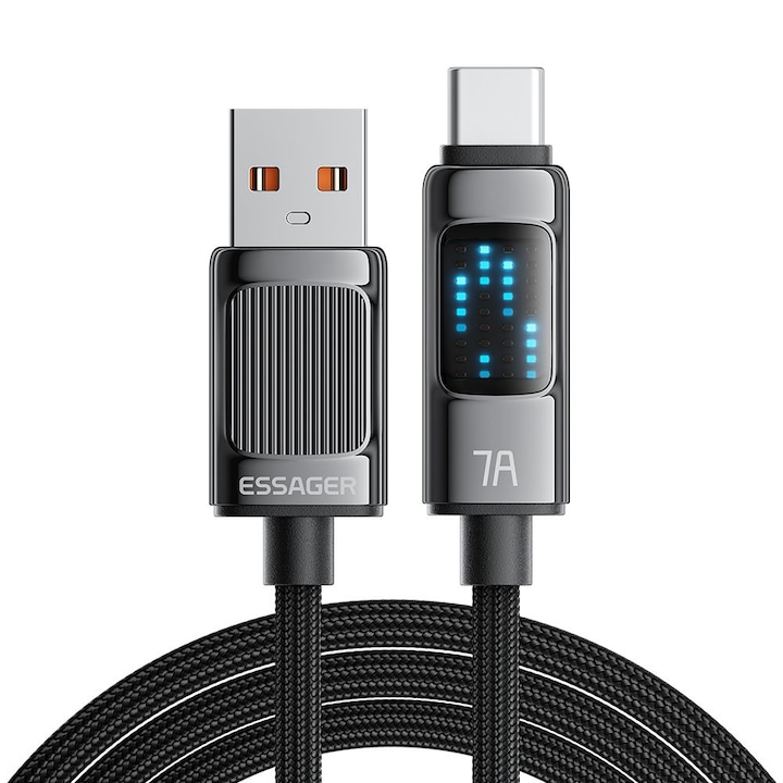 USB-A - USB-C töltőkábel, LED kijelző, 100W, 7A, SuperDart 80W, SuperDart 65W, SuperVOOC 2.0, VOOC 4.0 PD 3.0, QC4.0, FCP, iPhone 15 / Lenovo / OPPO / Realme / ViVO, Titán, 2M