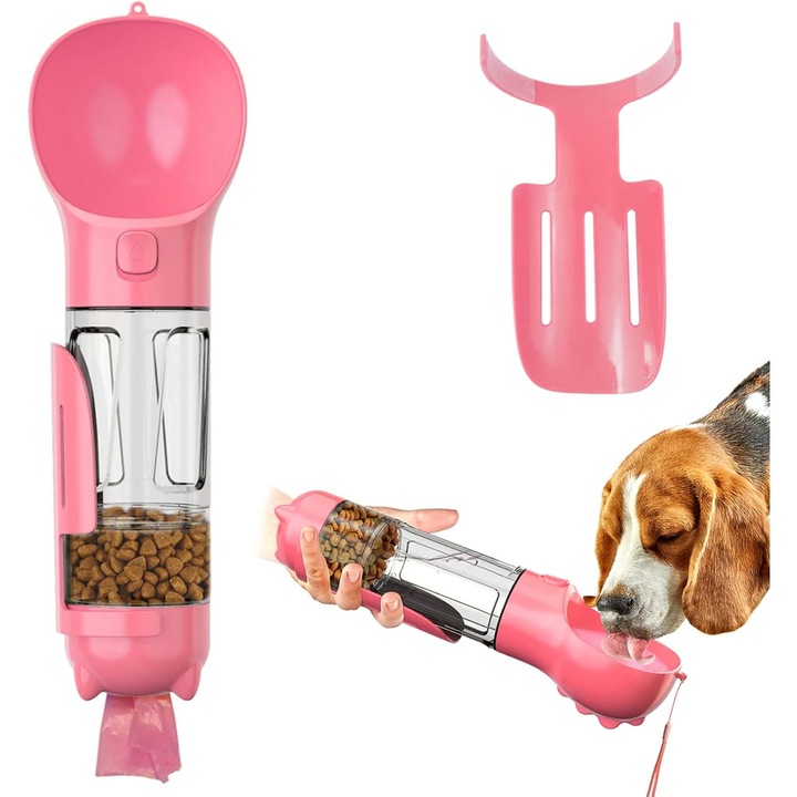 Sticla de apa portabila pentru caini 4 in 1, 500ml apa + 100ml mancare, lopata + punga, bol pentru apa, rezistenta la scurgeri, dispozitiv de apa pentru caini pentru calatorie, drumetie - roz