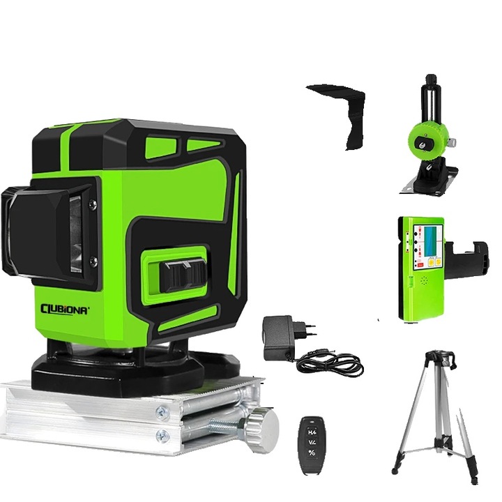 4D зелен лазерен нивелир, самонивелиращ се, дистанционно управление, 20 м, пълен комплект с магнитно крепление, статив 1,5 м, чанта за носене