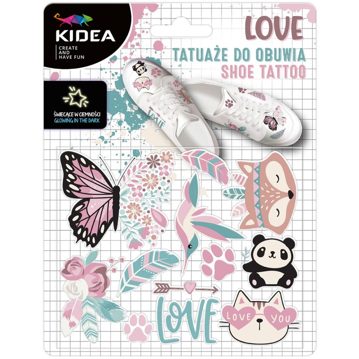 Kidea ideiglenes tetováláskészlet, 90-es évekbeli design, 13,5x17,5cm, sötétben világít