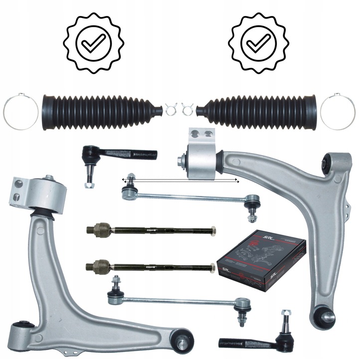 Komplett első lengőkar készlet Opel Vectra C és Signum modellekhez, illesztésekkel és összekötőkkel, egyes modellekkel kompatibilis.