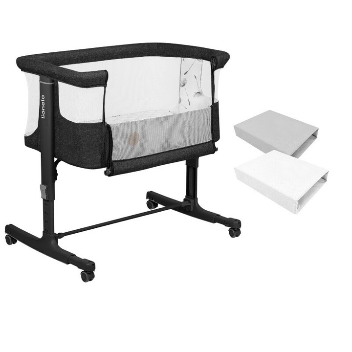 Set patut co-sleeper, Lionelo, Aurora, cu leganare si setare unghiulara, 3 in 1, 85x60x66 cm, Gri inchis+ 2 cearceafuri cu elastic, Qmini, din bumbac certificat Oeko Tex, Alb & Gri