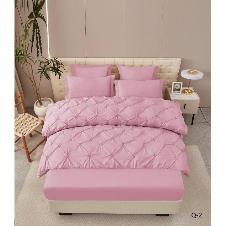 Lenjerie De Pat 6 Piese cu Elastic, cu Pliuri Premium, Bumbac, Brodate, Cearceaf Pilota 200x230cm x1, Cearceaf de Pat 180x200cm x1, Fata de Perna 50x70cm x2, Fata de Perna 70x70 x2, Roz Deschis