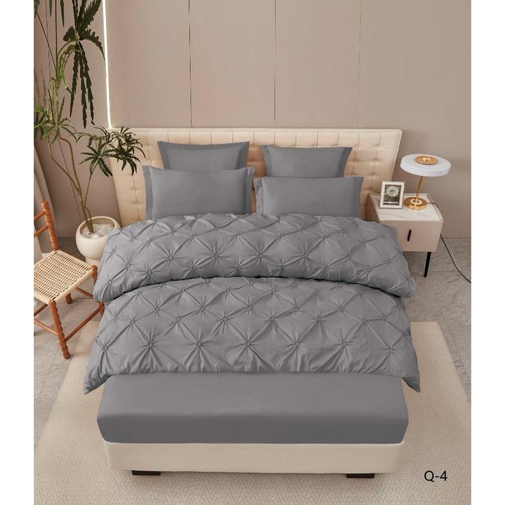 Lenjerie De Pat 6 Piese cu Elastic, cu Pliuri Premium, Bumbac, Brodate, Cearceaf Pilota 200x230cm x1, Cearceaf de Pat 180x200cm x1, Fata de Perna 50x70cm x2, Fata de Perna 70x70 x2, Gri Inchis