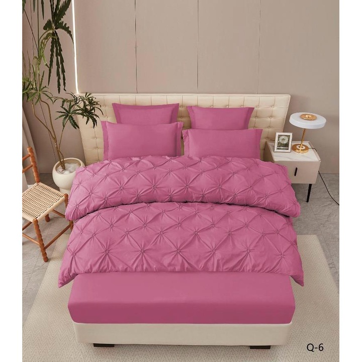 Lenjerie De Pat 6 Piese cu Elastic, cu Pliuri Premium, Bumbac, Brodate, Cearceaf Pilota 200x230cm x1, Cearceaf de Pat 180x200cm x1, Fata de Perna 50x70cm x2, Fata de Perna 70x70 x2, Roz Inchis