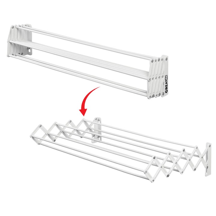 GREATON Kihúzható Ruhaszárító Fémből, Falra Szerelhető, Szélesség 70 Cm, 5 Rúd, Szárítási Kapacitás 3,5 m, Erkélyre, Teraszra, Kültéri/Beltéri, Fehér