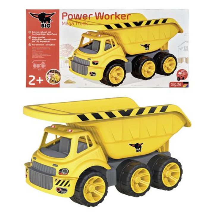 Camion de gunoi BIG Mega Power Worker, 65cm, galben, capacitate 13 litri, set pentru copii de la 2 ani
