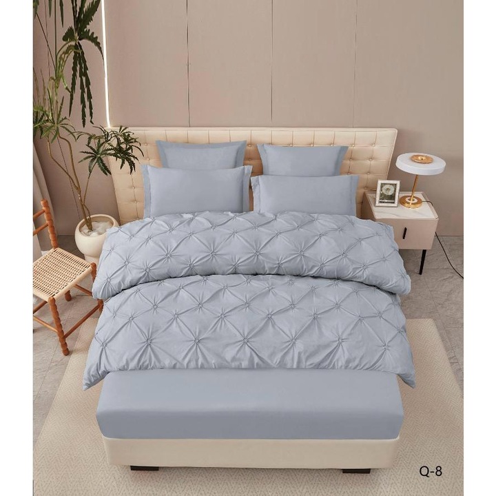 Lenjerie De Pat 6 Piese cu Elastic, cu Pliuri Premium, Bumbac, Brodate, Cearceaf Pilota 200x230cm x1, Cearceaf de Pat 180x200cm x1, Fata de Perna 50x70cm x2, Fata de Perna 70x70 x2, Gri Deschis